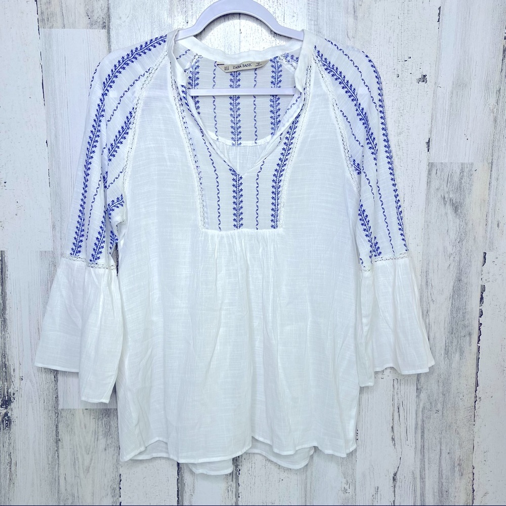 Zara White and Blue Babydoll Top